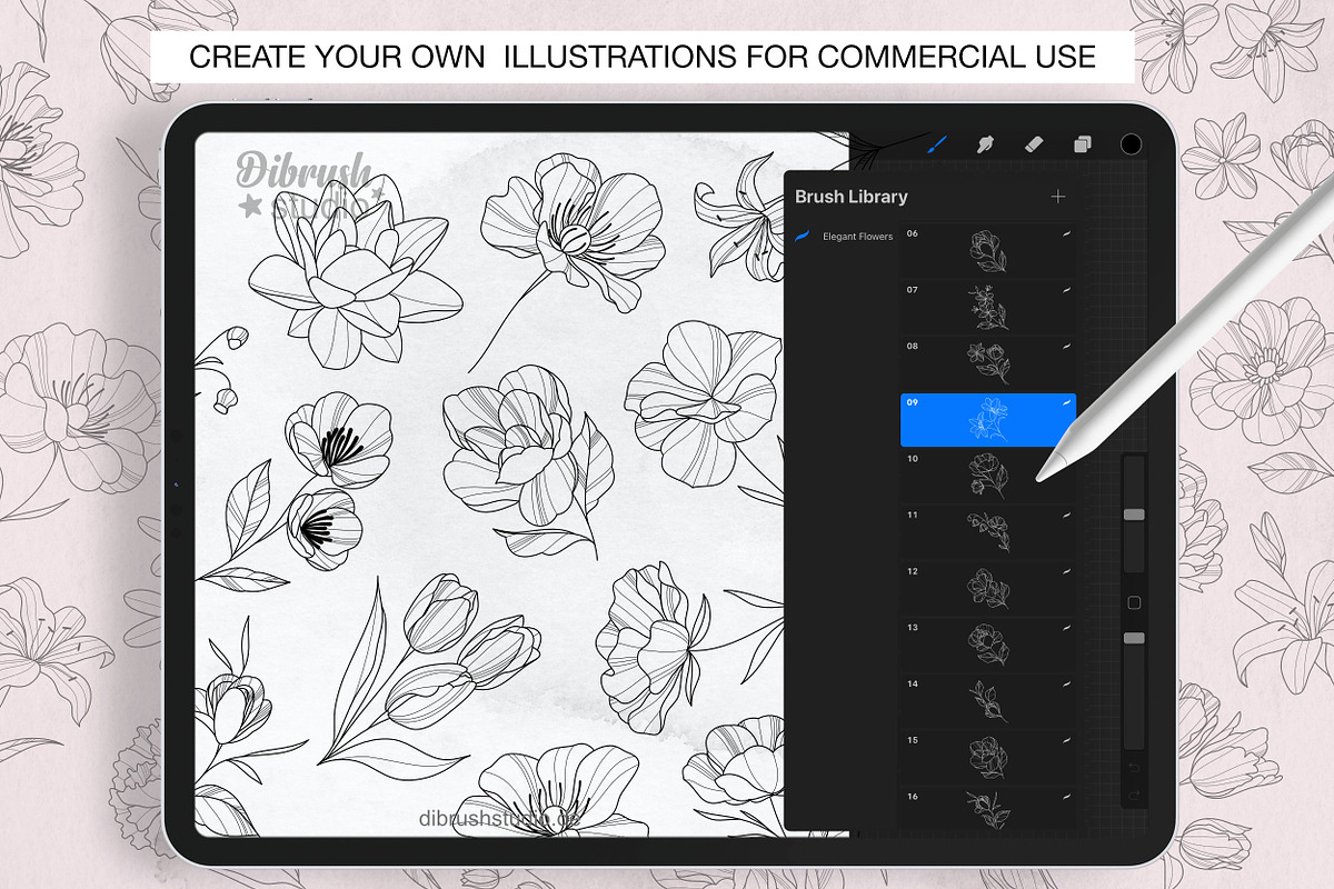 Procreate - Elegant Tattoo Flowers, a Brush Add-On by DiBrush Studio (Photo 2 of 7)