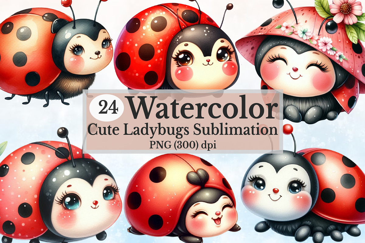 Watercolor Cute Ladybugs Clipart, a Seasonal Illustration by Rose Art (Photo 1 of 5)