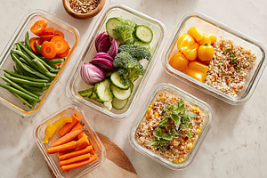 Healthy meal prep containers arranged for convenient and nutritious dining on a, a Food & Drink Photo by AlyaAnd