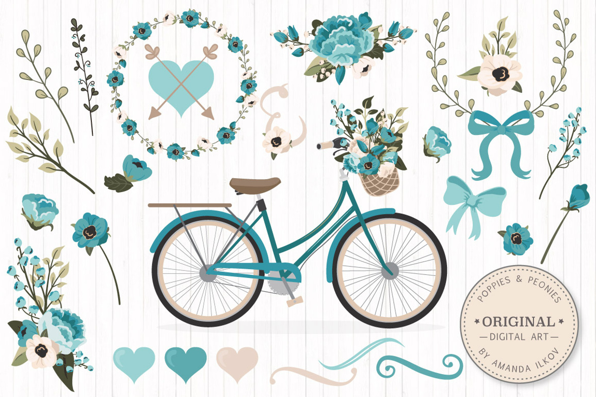 Vintage Blue Vector Bicycle & Flower, an Illustration by Amanda Ilkov (Photo 1 of 5)
