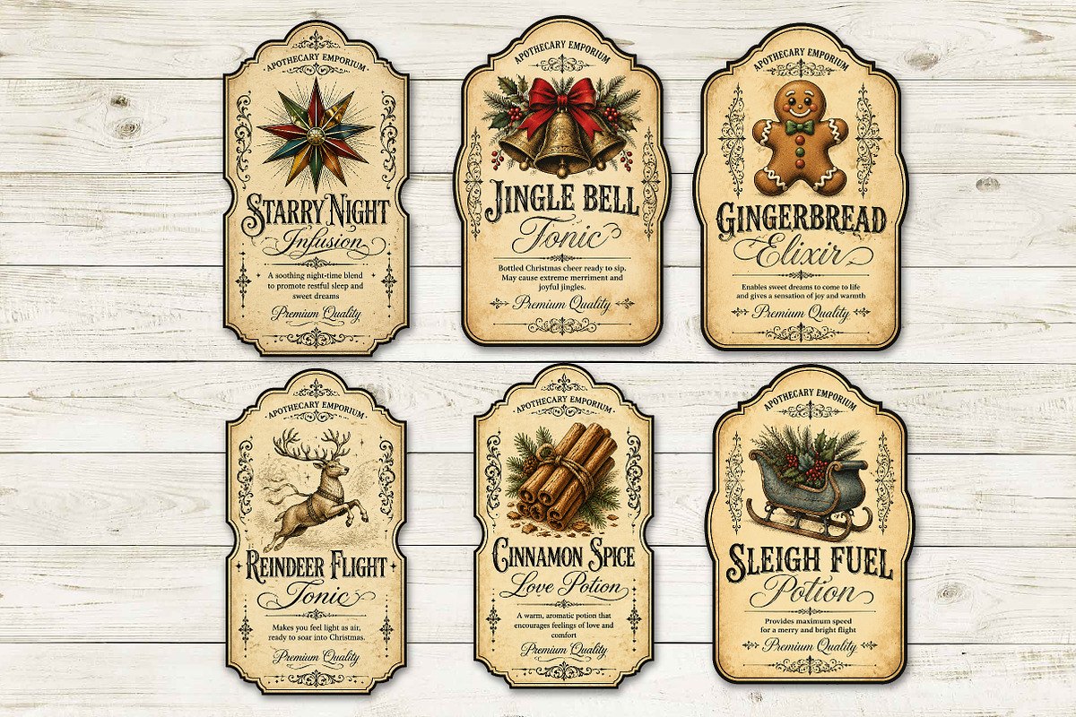Vintage Christmas Apothecary Labels, a Seasonal Illustration by Rose Art (Photo 2 of 3)