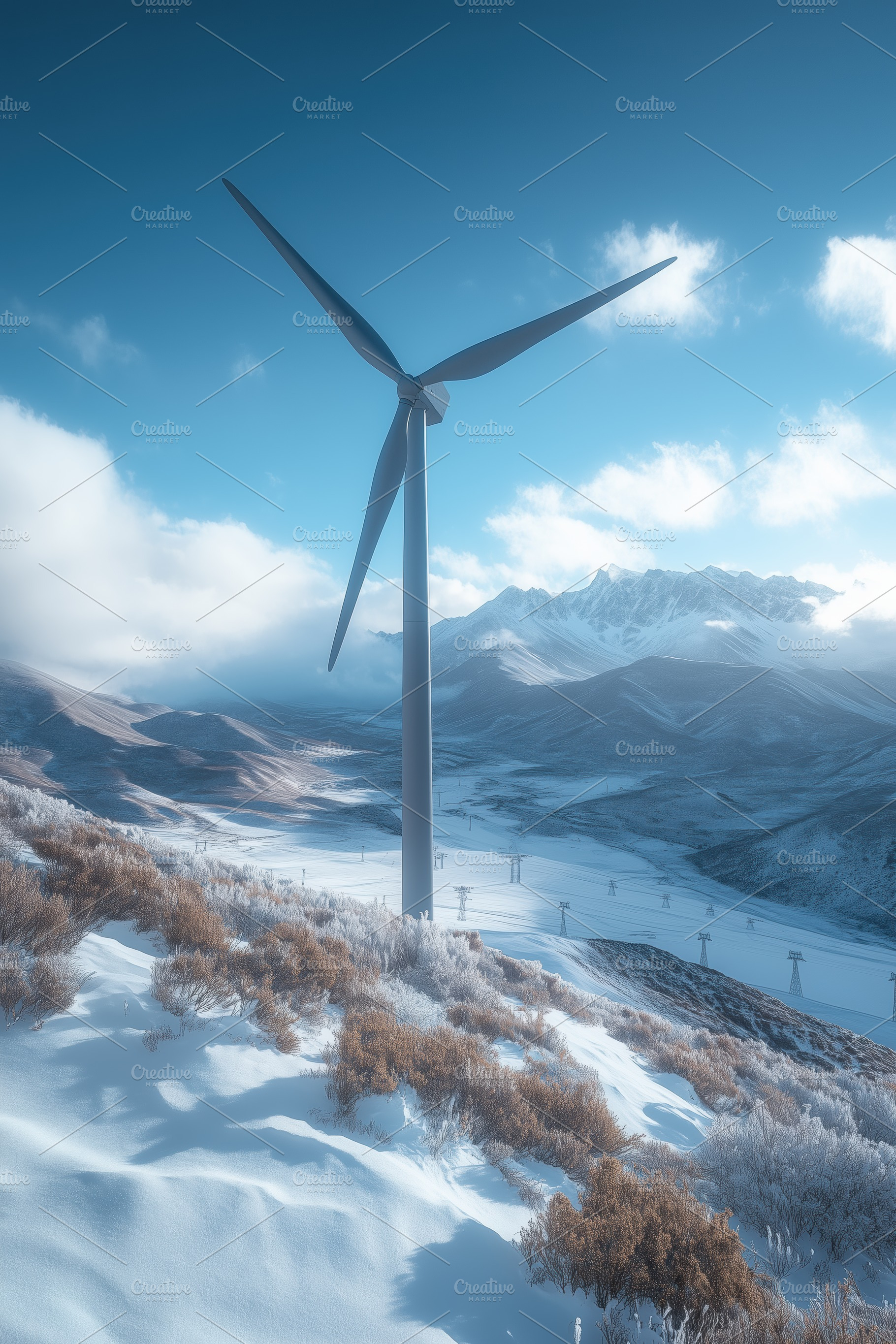 A large wind turbine stands on a snowy hillside, surrounded by mountains under, an Industrial Photo by Textures & Backgrounds