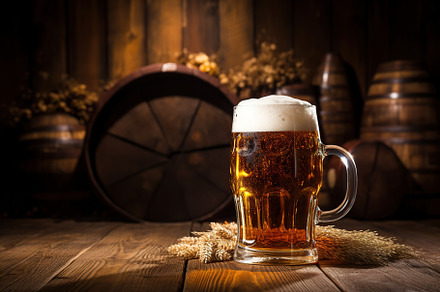 Glass mug of beer with wheat ears on wooden table, a Food & Drink Photo by AlyaAnd
