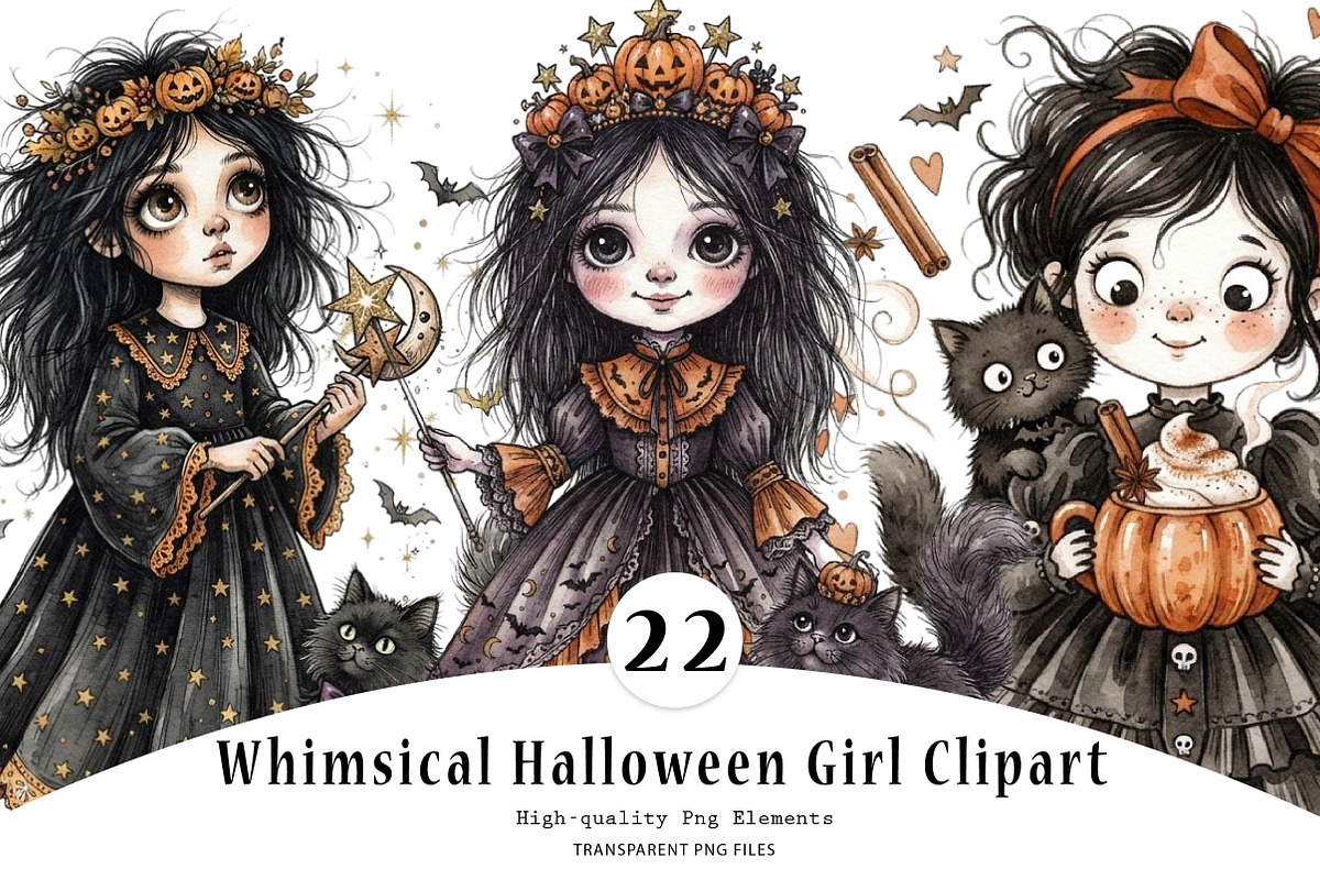 Whimsical Halloween Girl Clipart, a Seasonal Illustration by CreationArt (Photo 1 of 5)