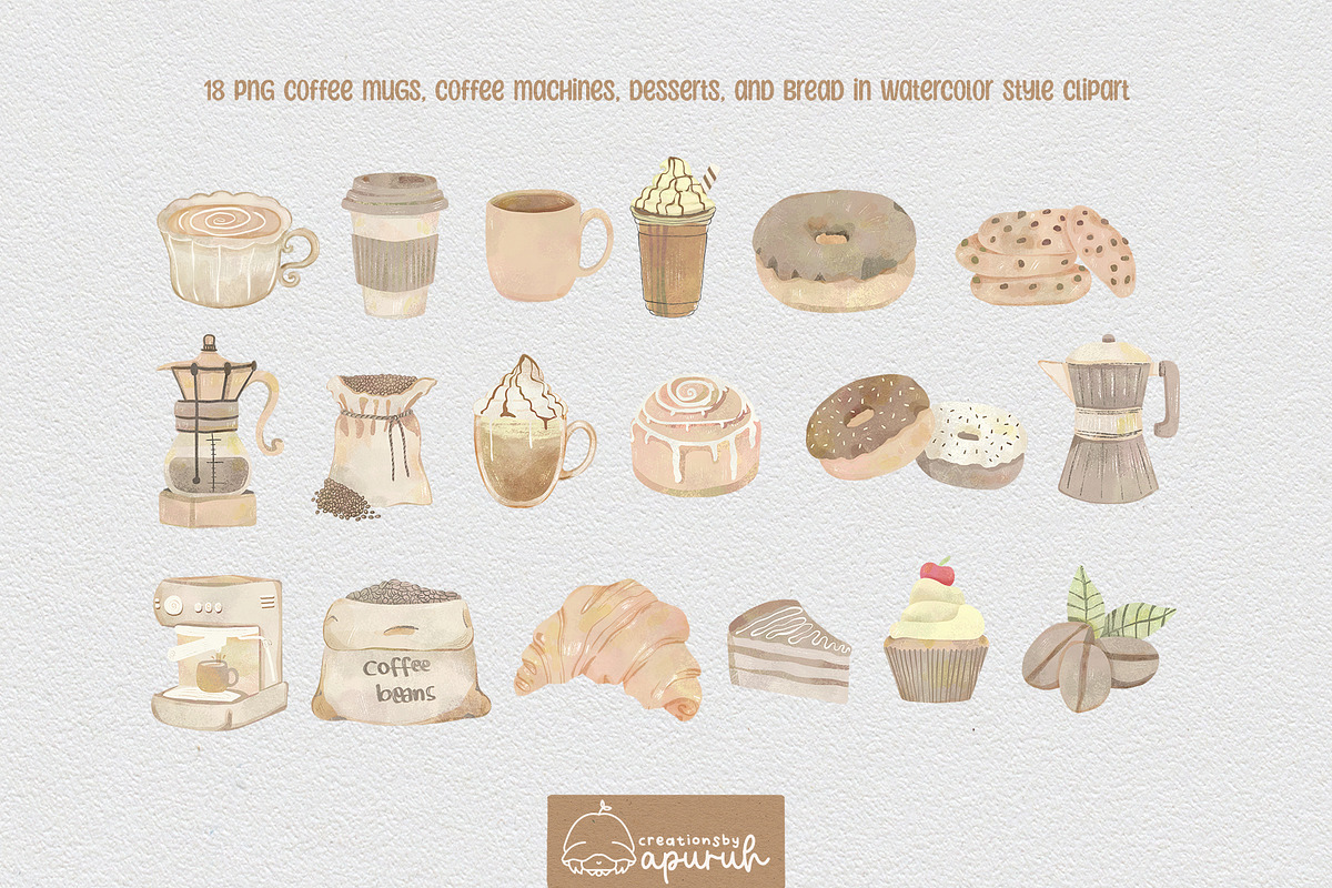 Coffee & Dessert Watercolor Pack, a Food Illustration by creationsbyapuruh (Photo 4 of 8)