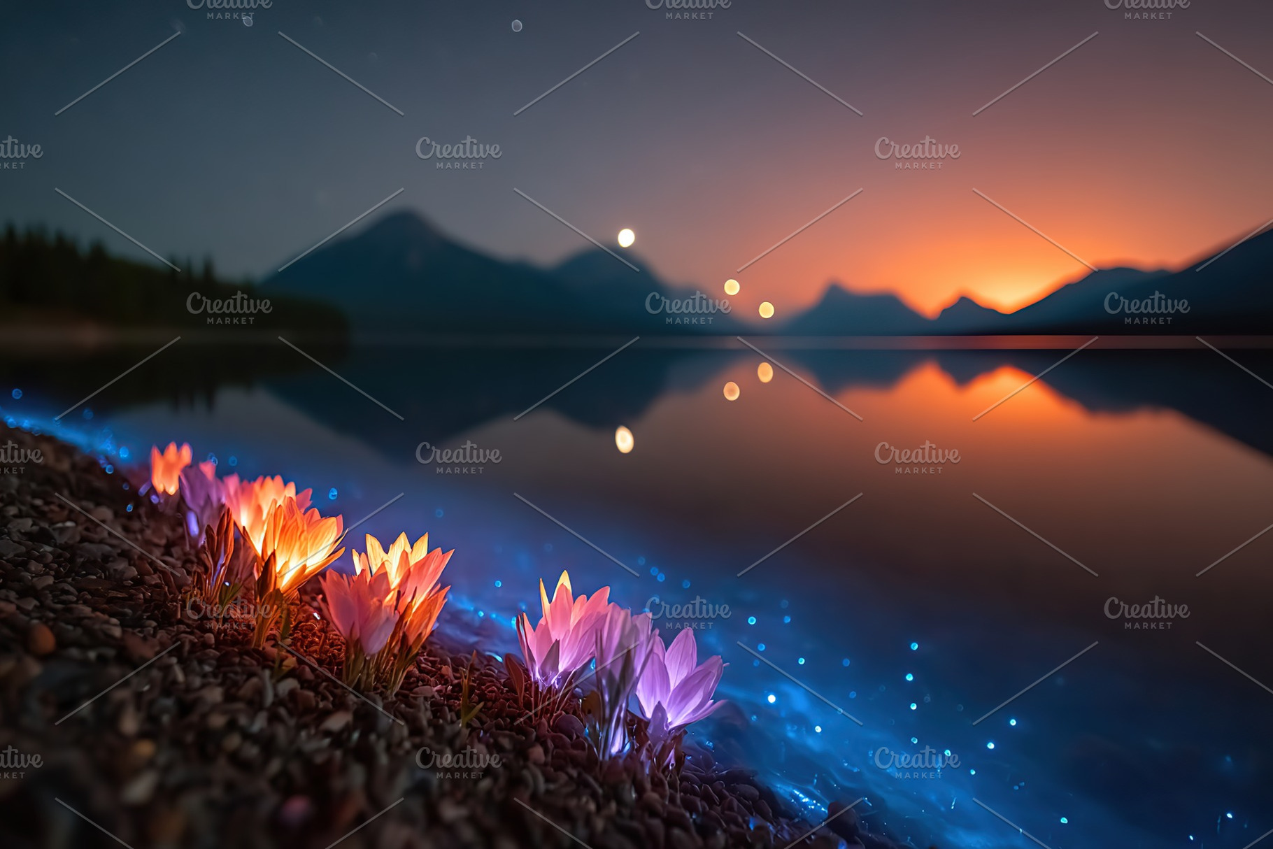 Colorful glowing flowers by a serene lake at sunset with mountains in the backg, a Photo by AlyaAnd