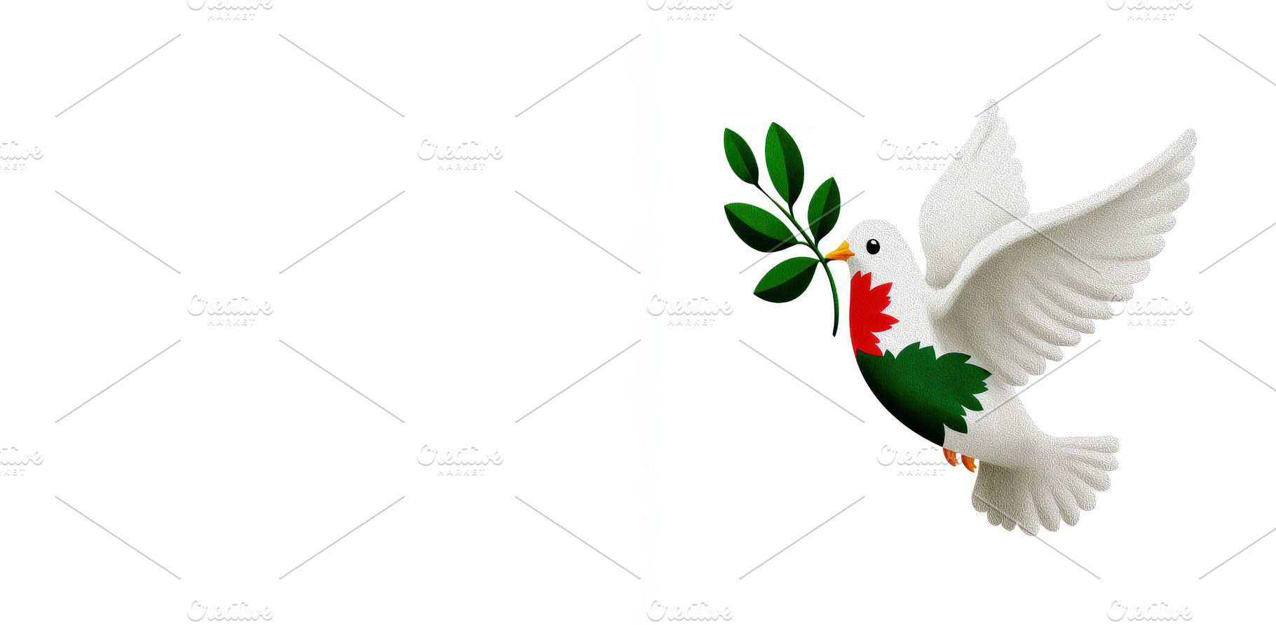 White dove flying with olive branch in beak featuring red green, an Animal Photo by José Manuel Gelpi