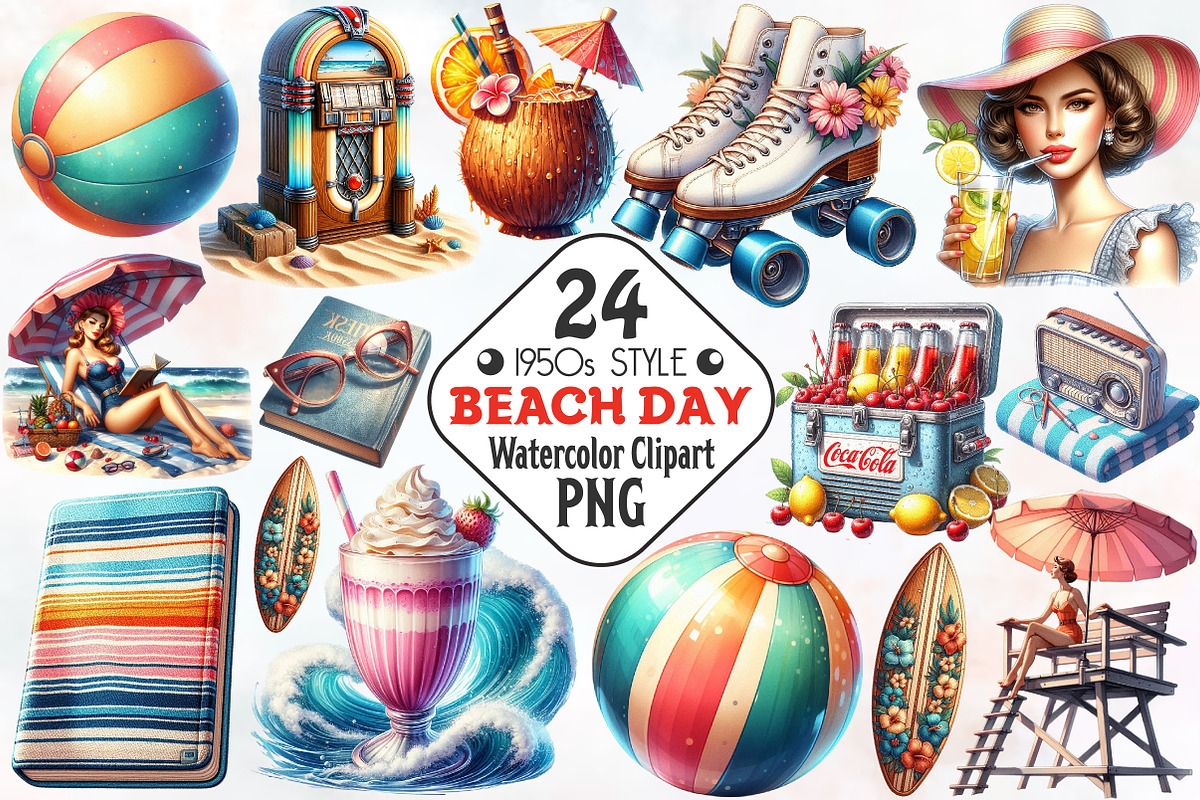 1950s Style Beach Day Clipart's, a Seasonal Illustration by RobertsArt (Photo 1 of 7)