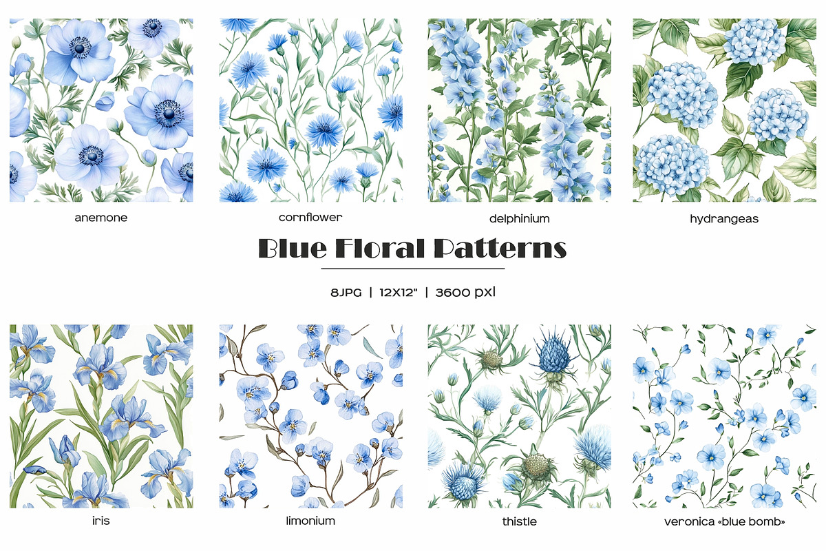 Watercolor blue flowers pattern set, a Pattern Graphic by Art and Funny (Photo 8 of 11)