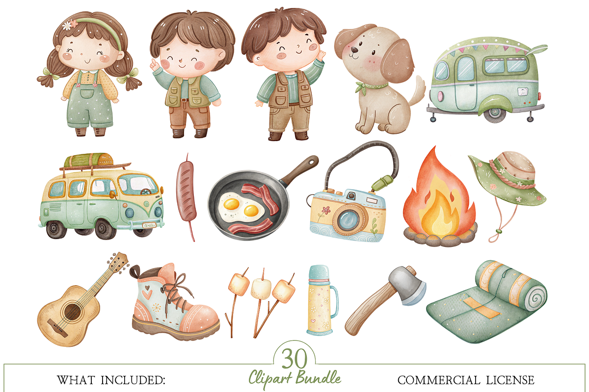 Watercolor Camping Adventure Set, an Illustration by MockupWizard (Photo 2 of 5)