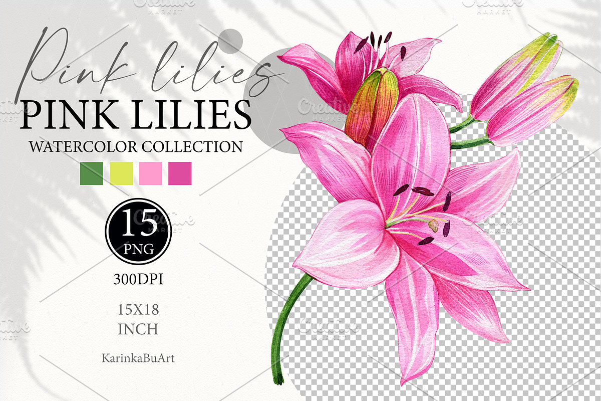 Watercolor Pink Lily Floral Elements, an Object Graphic by KarinkaBU (Photo 6 of 6)