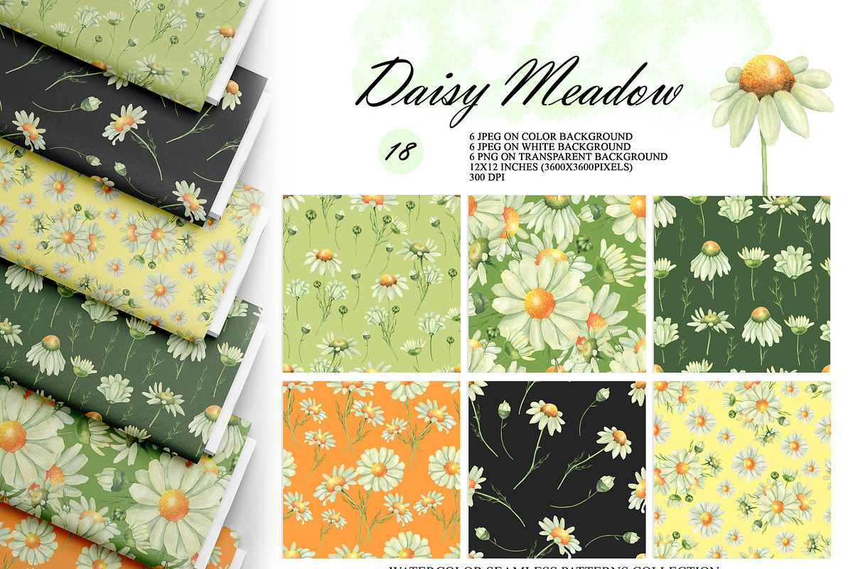 Watercolor Daisy Seamless Patterns, an Illustration by OlDm_Shop (Photo 1 of 10)