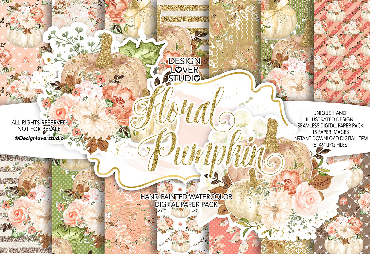 Floral Pumpkin digital paper pack, a Pattern Graphic by designloverstudio