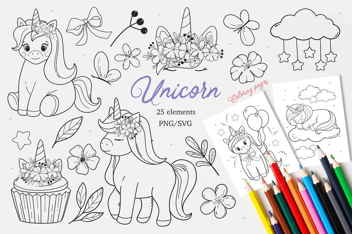 Unicorns SVG PNG + Coloring Pages, an Animal Illustration by ArtGiftsStudio (Photo 1 of 5)
