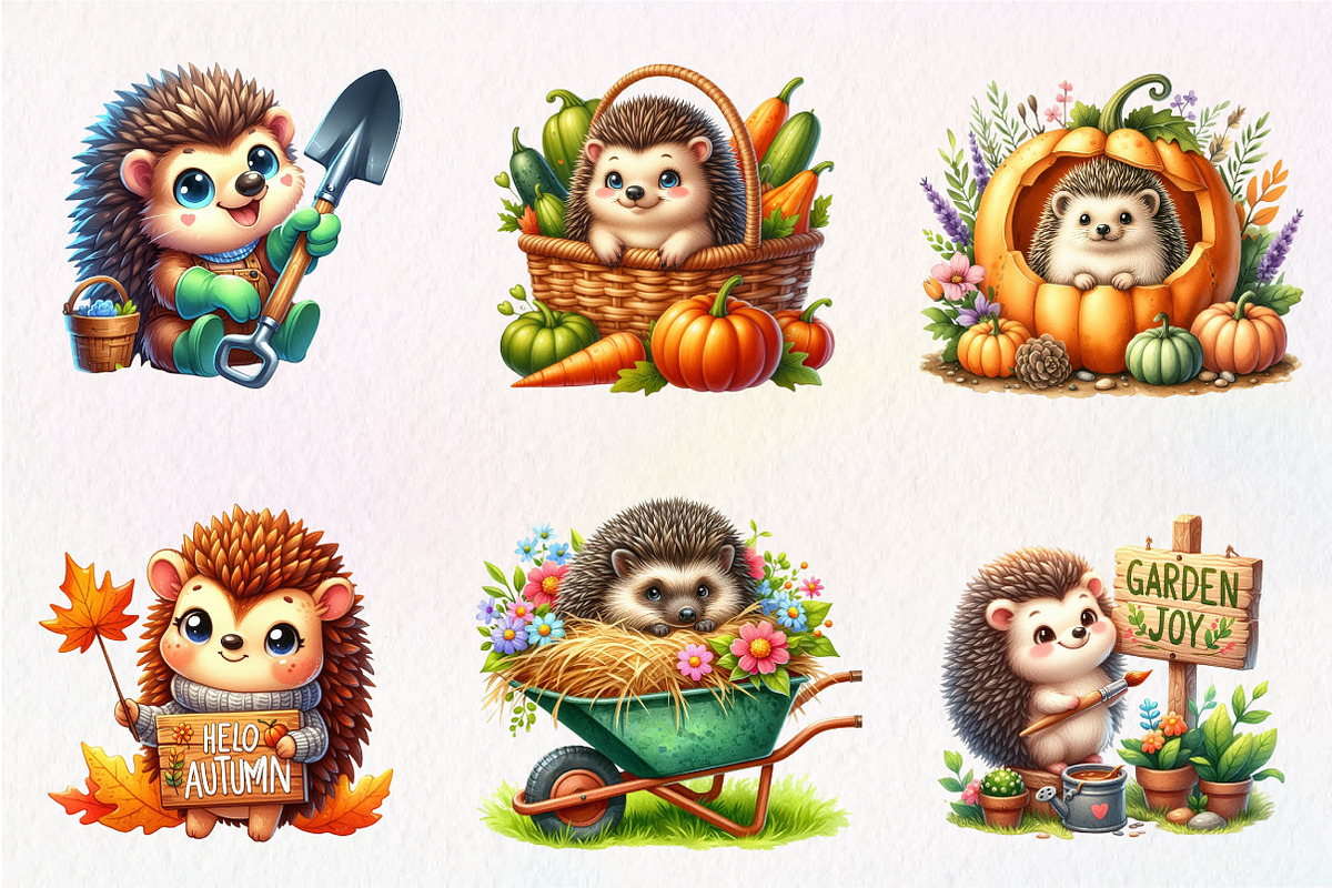 Cute Autumn Hedgehog Garden Clipart, an Illustration by CreationArt (Photo 2 of 9)