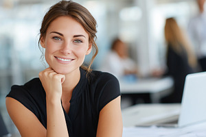 Smiling businesswoman sitting at, a Business Photo by MistyDay
