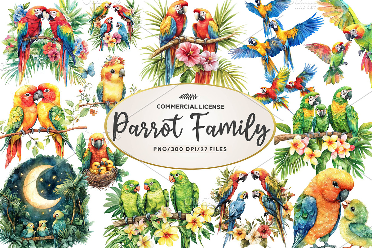 Watercolor Tropical Parrot Family, an Illustration by CreationArt (Photo 1 of 5)