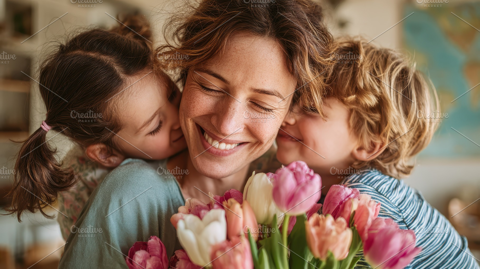 Happy Mother receiving kisses and fl, a Photo by Pixeness Studio