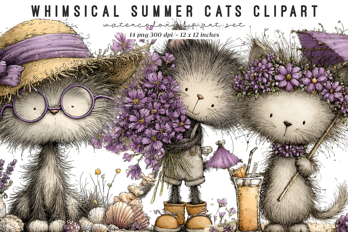 Whimsical summer cats clipart, an Illustration by SinaCreation (Photo 1 of 8)