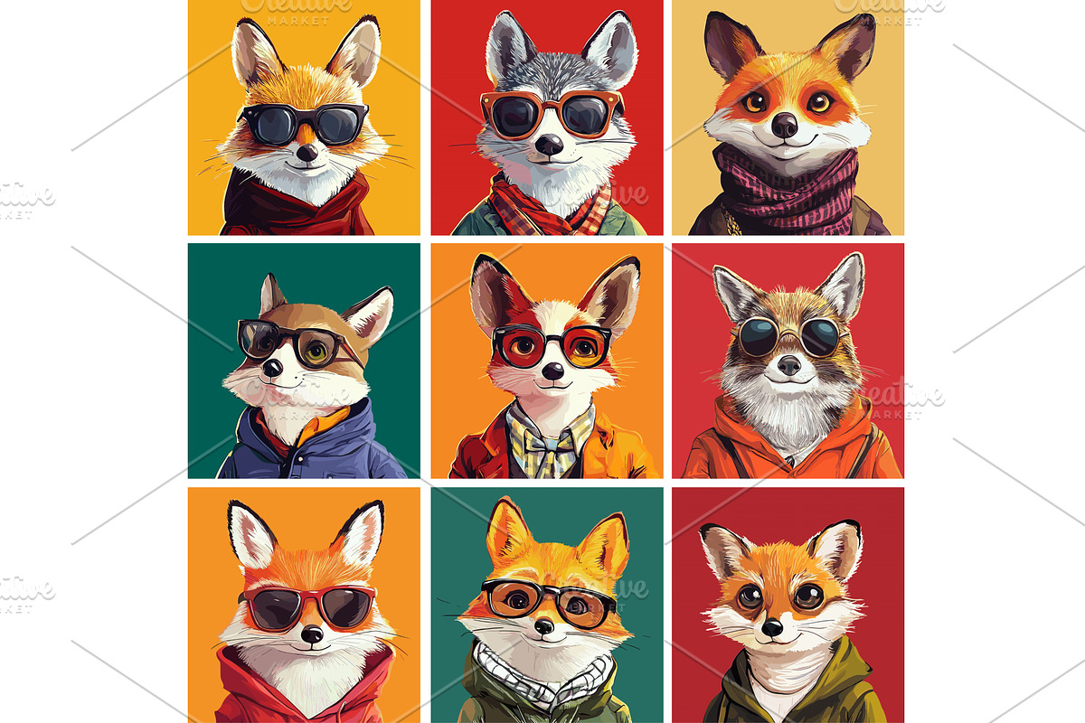 Hipster foxes cartoon vector set, an Animal Illustration by Onyx