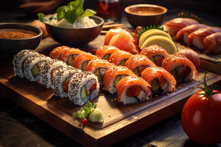 sushi on wooden board on dark background, a Food & Drink Photo by Natalia Klenova's Shop
