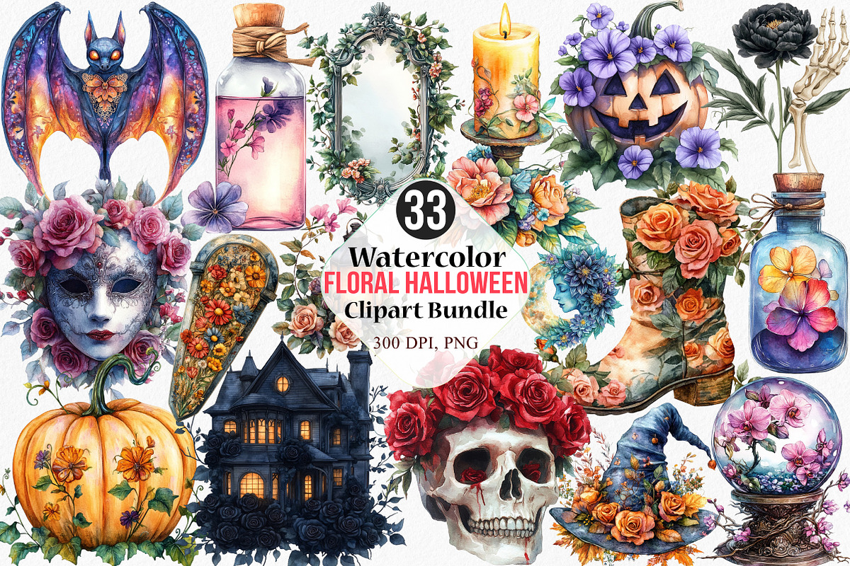 Watercolor Floral Halloween Clipart, an Illustration by Canvas Craft (Photo 1 of 7)