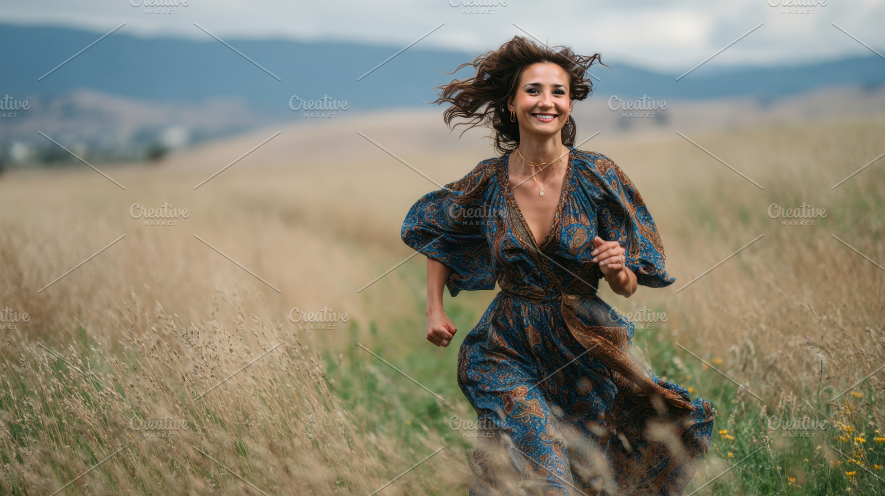 Woman runs joyfully through a field, a Photo by Beautiful things