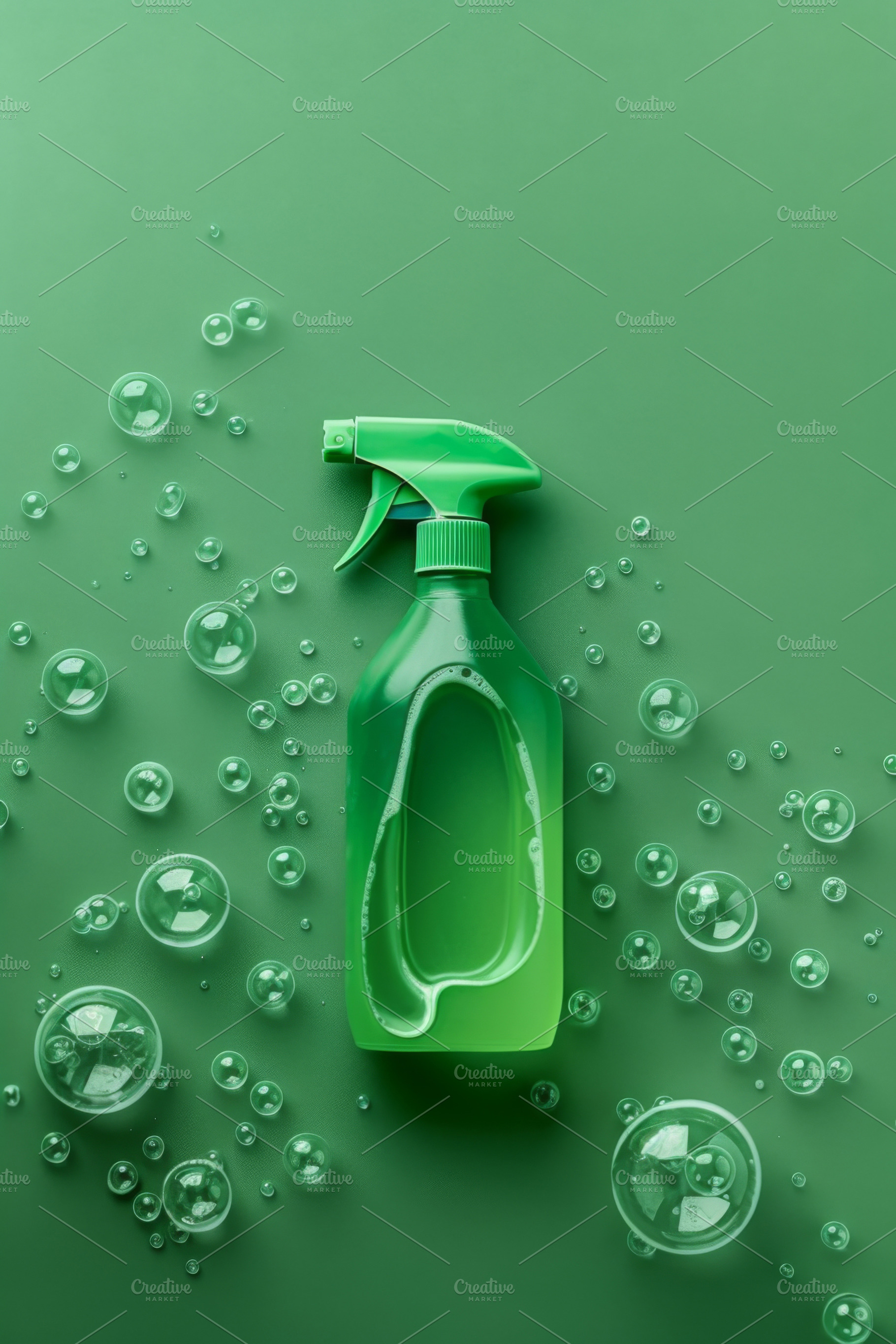 Spray bottle with green liquid and foam on green background, a Photo by Dvoevnore photos
