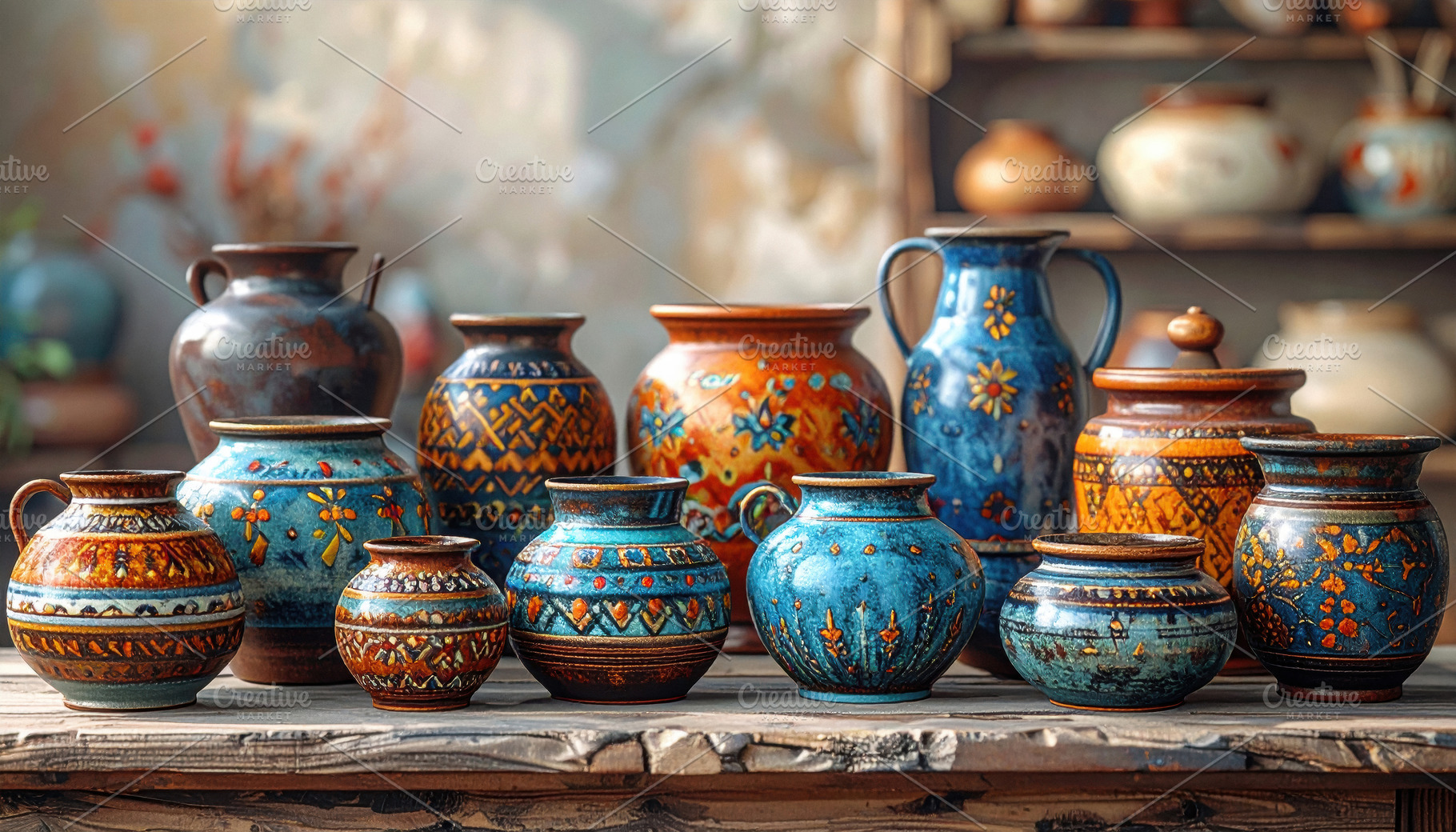 Colorful Handcrafted Ceramic Pots on Rustic Table, an Arts & Entertainment Photo by Davizro's Market