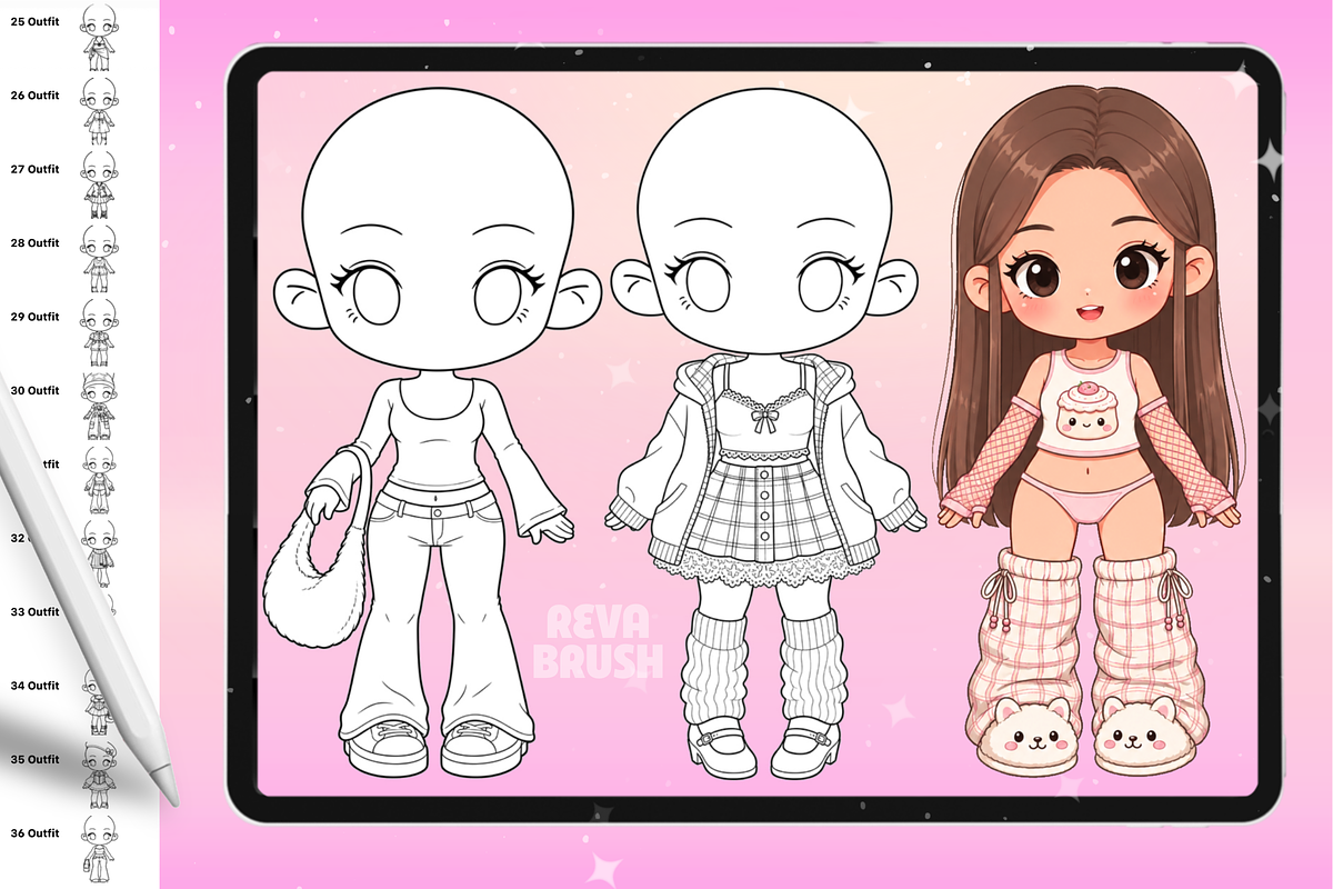 Chibi Procreate Outfit Pose brushes, a Brush Add-On by Revabrush (Photo 11 of 18)