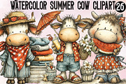 Watercolor Summer Cow Clipart,, an Illustration by SVGArt (Thumbnail 1 of 9)