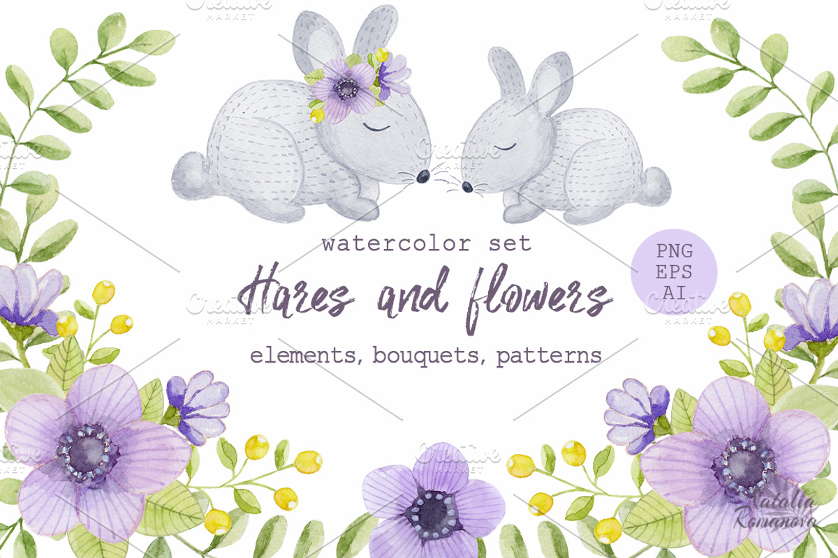 Watercolor hares and flowers, an Illustration by BrushArtDesigns (Photo 1 of 5)