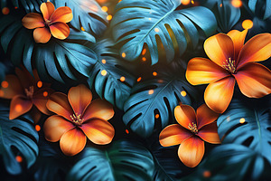 Vibrant flowers bloom among lush tropical leaves in a captivating arrangement, a Nature Photo by AlyaAnd