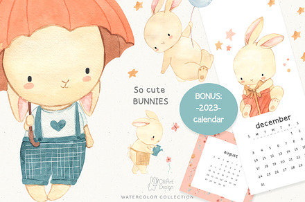 BUNNIES and CALENDAR 2023,watercolor