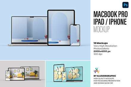 Macbook Pro iPad iPhone 13 Mockups, a Device Mockup by Illusiongraphic