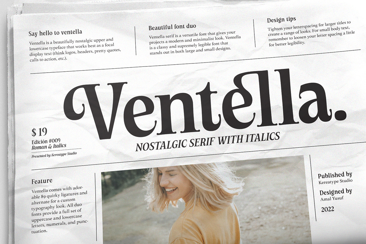 Ventella | Nostalgic Serif, a Serif Font by Kereatype (Photo 1 of 12)