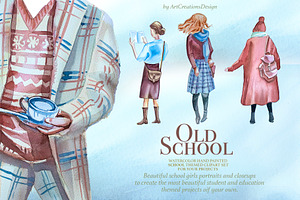 Watercolor Old School Clipart Set