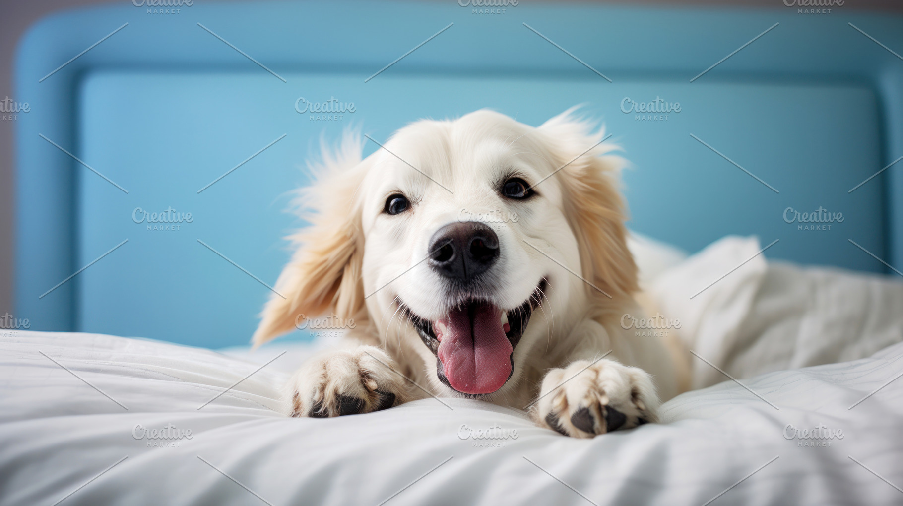 Dogs on a bed is smiling, close-up, humorous, an Animal Photo by zakiroff