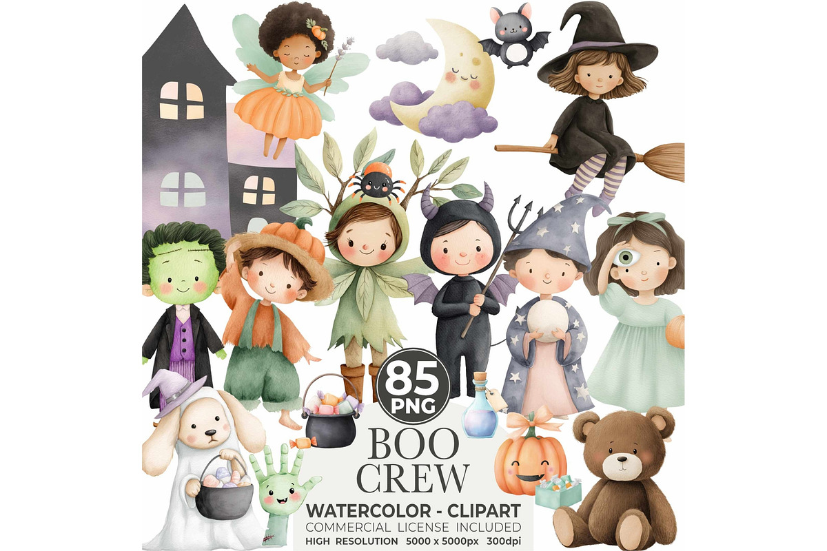 Watercolor Cute Halloween Clipart, an Illustration by CharmClipart (Photo 1 of 9)