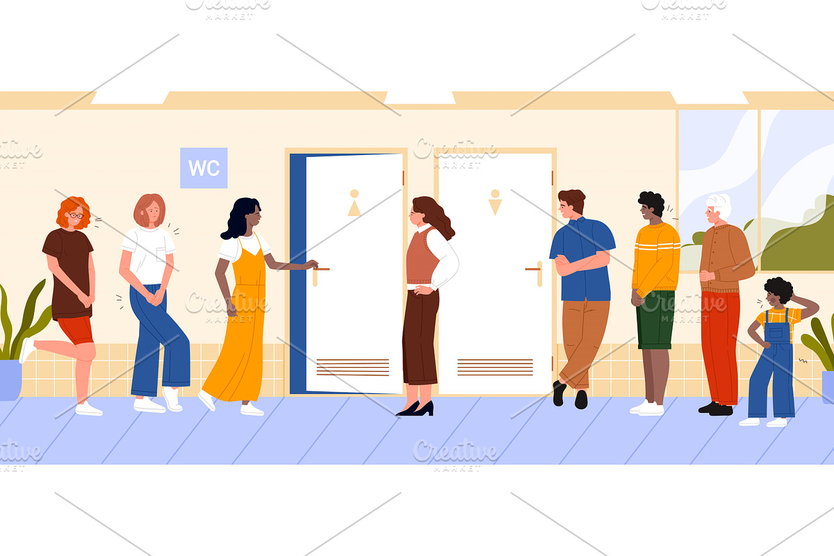 Queue for public toilet, people, a Person Illustration by Flashvector