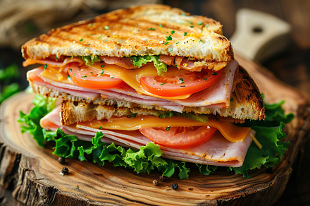 Toast sandwich with cheese, turkey ham, tomato and fresh lettuce on wooden back, a Food & Drink Photo by AlyaAnd
