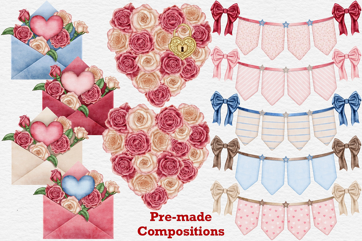 Valentines Roses watercolor clipart., a Seasonal Illustration by Happy Sloth Graphics (Photo 6 of 12)