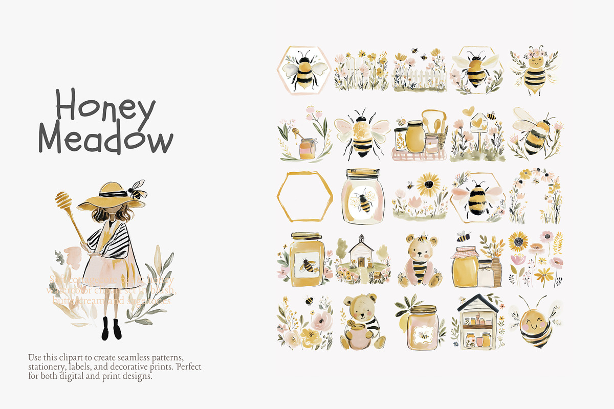 Honey meadow clipart bundle, a Decorative Illustration by Patishop Art (Photo 6 of 11)