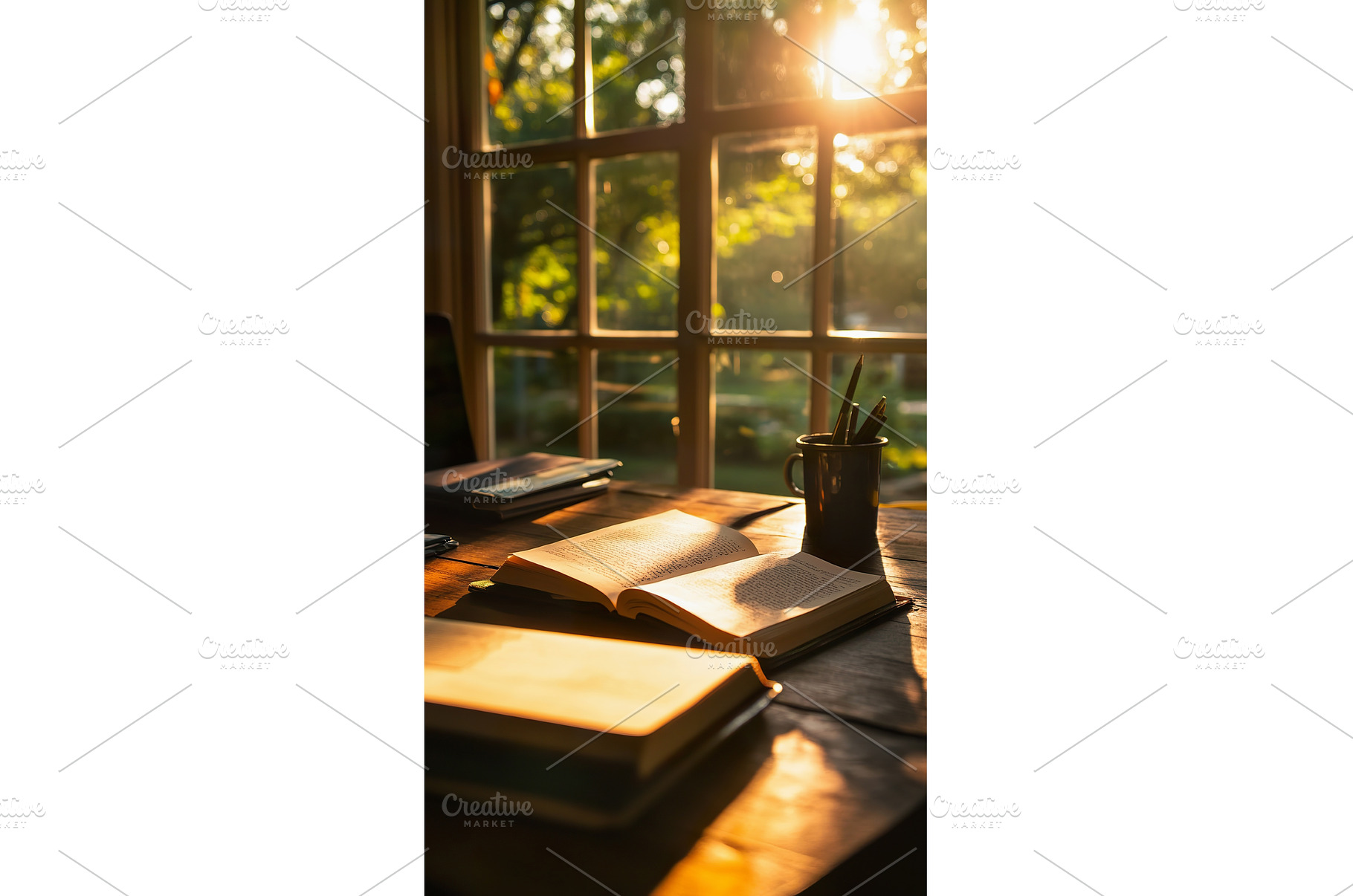 Sunlit Desk with Open Book and Pen, a School & Education Photo by Lermont51
