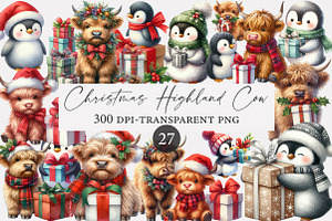 Christmas Highland Cow Clipart, an Illustration by Designworld
