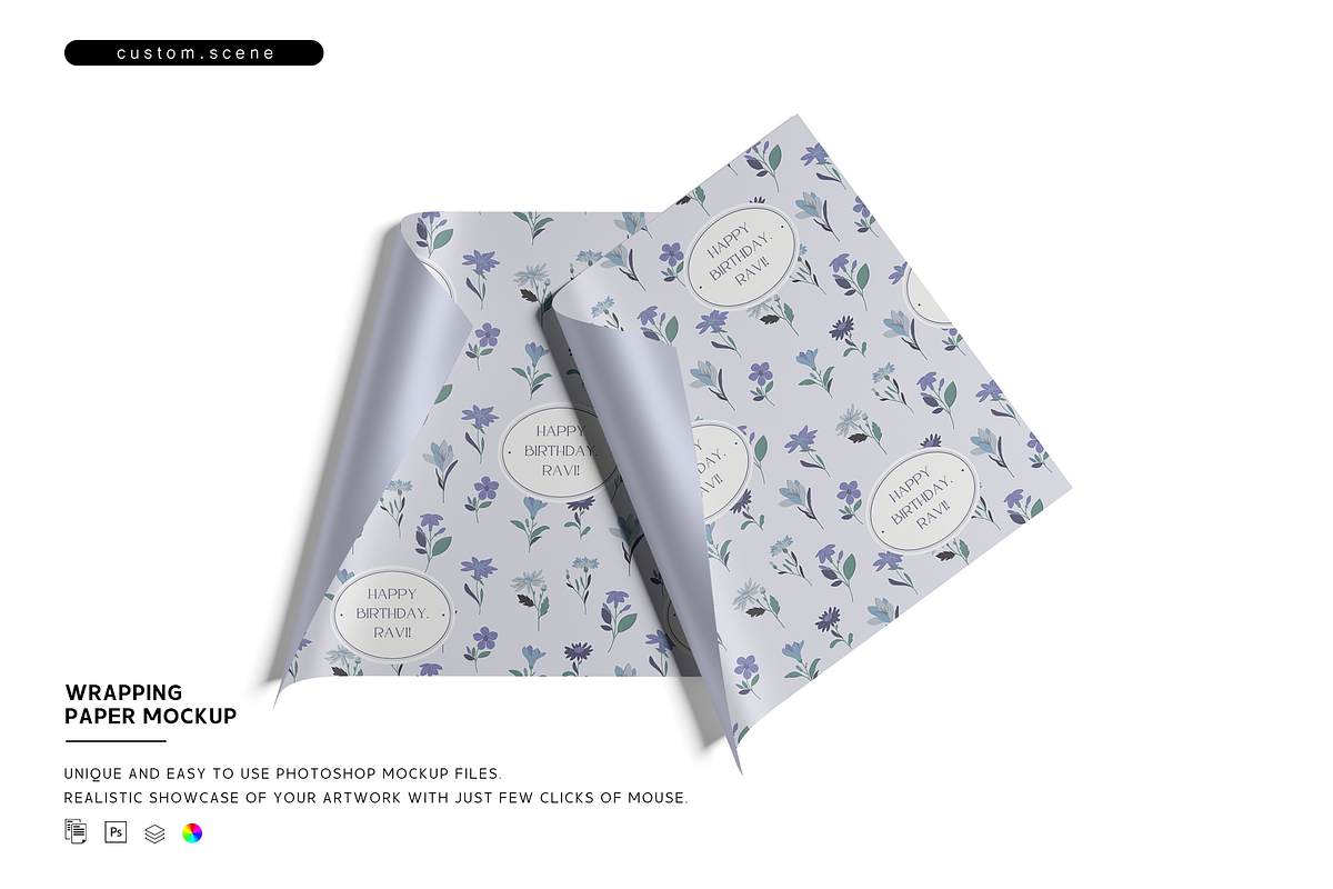 Gift Wrapping Paper Mockup, a Packaging Mockup by Custom.scene (Photo 1 of 2)