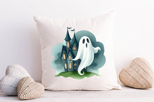 Watercolor Halloween Ghost House PNG