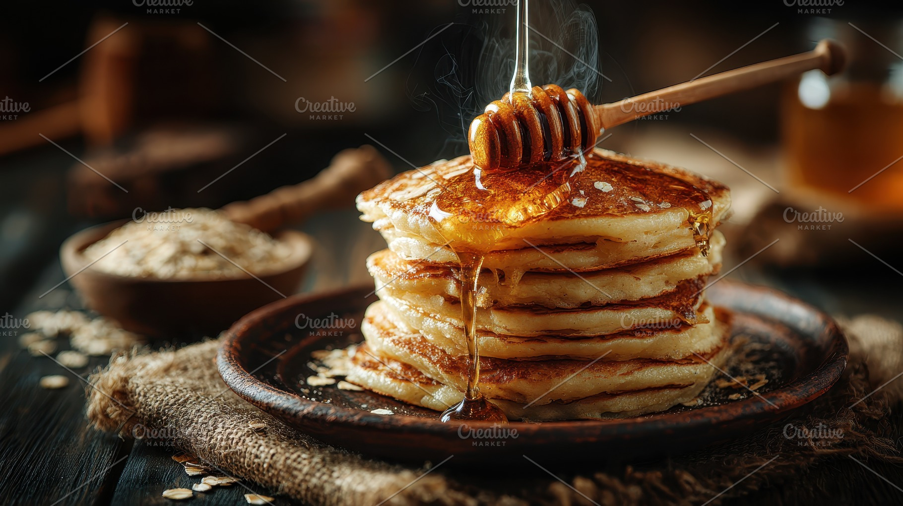 Honey Drizzled Pancakes Stack Delici, a Photo by Pixeness Studio