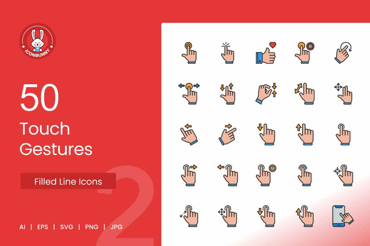50 Touch Gestures Filled Line Icons, an Icon by IconBunny (Photo 1 of 2)