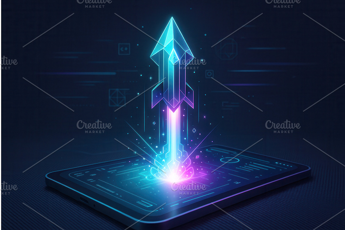 A digital rocket graphic emerging, a Technology Illustration by Sergey Kotenev